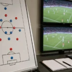 Tactisch analysebord en videomonitoren in een professionele voetbalanalyseruimte
