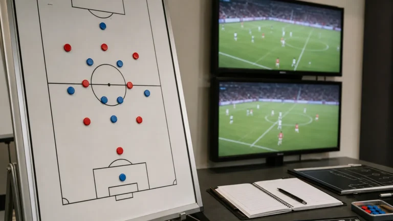 Tactisch analysebord en videomonitoren in een professionele voetbalanalyseruimte