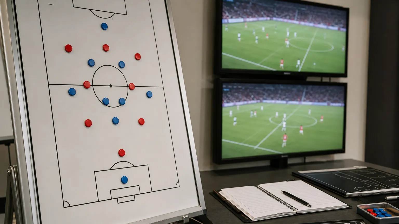 Tactisch analysebord en videomonitoren in een professionele voetbalanalyseruimte