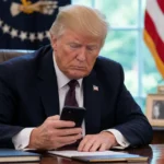 Donald Trump kijkt in een formele werkruimte naar een smartphone.
