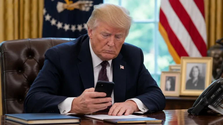 Donald Trump kijkt in een formele werkruimte naar een smartphone.