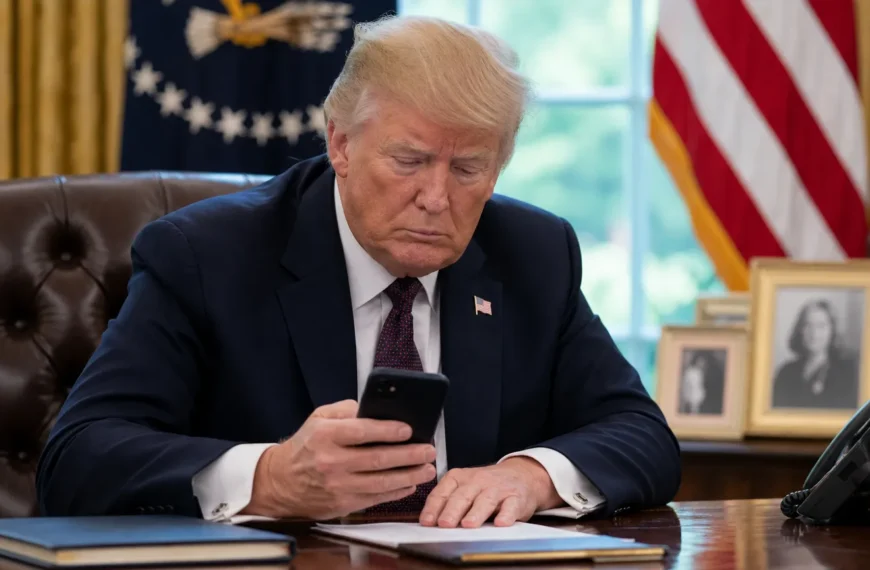 Donald Trump kijkt in een formele werkruimte naar een smartphone.