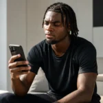 Jorthy Mokio bekijkt een smartphone in een neutrale binnenruimte.