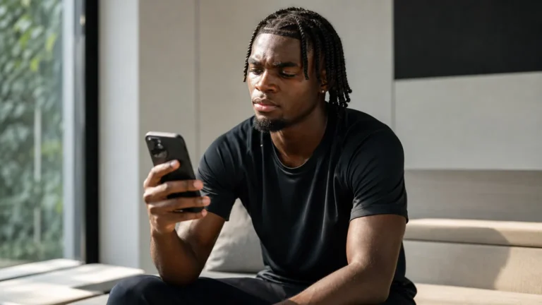 Jorthy Mokio bekijkt een smartphone in een neutrale binnenruimte.