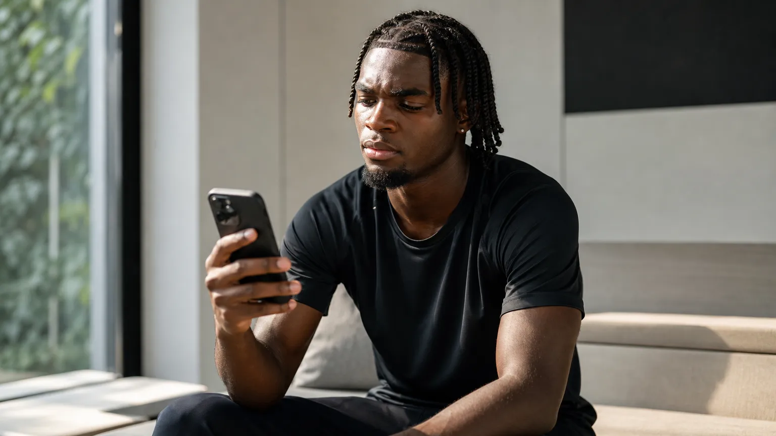 Jorthy Mokio bekijkt een smartphone in een neutrale binnenruimte.