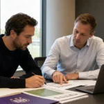 Twee medewerkers bekijken spelersprofielen aan een tafel in een kantoor van RSC Anderlecht.