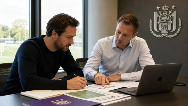Twee medewerkers bekijken spelersprofielen aan een tafel in een kantoor van RSC Anderlecht.