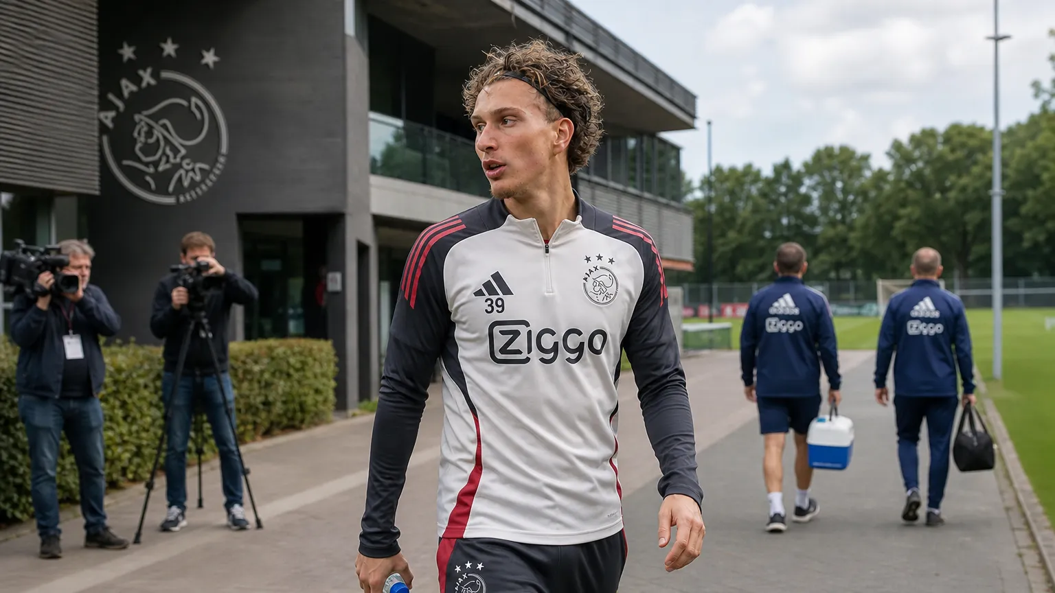 Ajax-trainingscomplex met medewerkers en camera’s bij de toegang tot het veld.