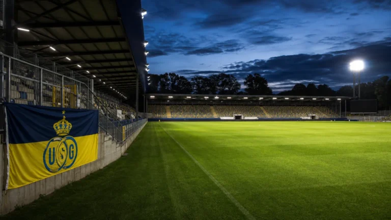 Een Union-vlag aan de rand van een verlicht Europees voetbalstadion.