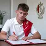 Kjell Vanherf ondertekent zijn eerste profcontract bij Standard Luik aan een clubbureau.