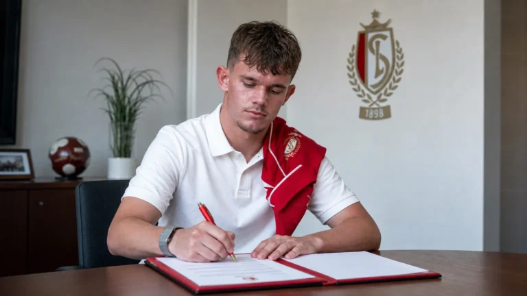 Kjell Vanherf ondertekent zijn eerste profcontract bij Standard Luik aan een clubbureau.