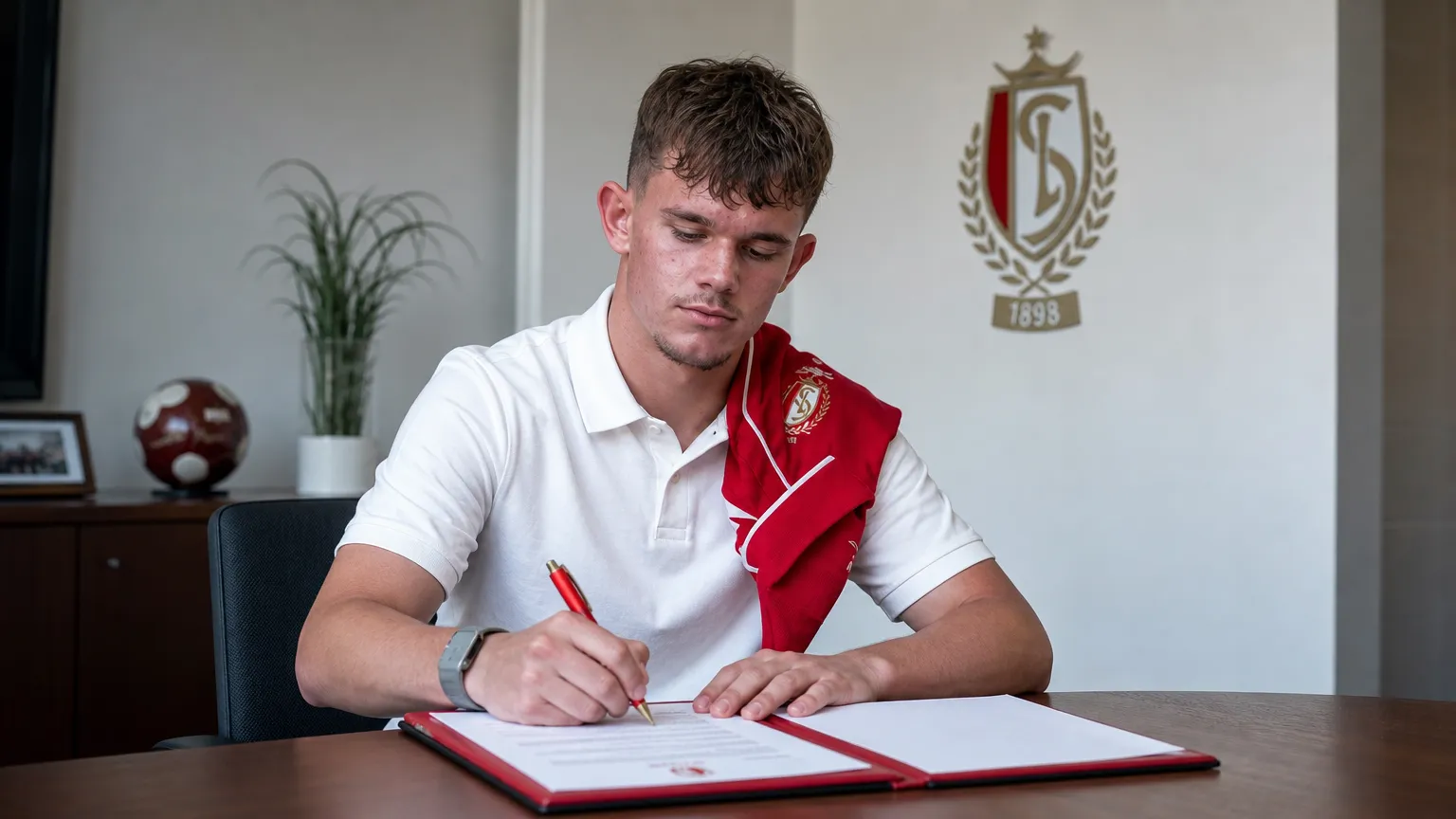 Kjell Vanherf ondertekent zijn eerste profcontract bij Standard Luik aan een clubbureau.