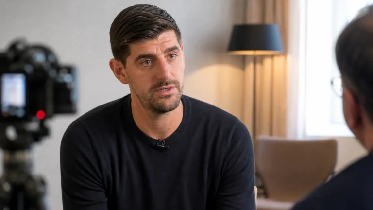 Thibaut Courtois tijdens een rustig interviewmoment in een neutrale binnenruimte.