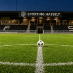 Een wedstrijdbal op de middencirkel van het veld van Sporting Hasselt voor de openingsmatch.
