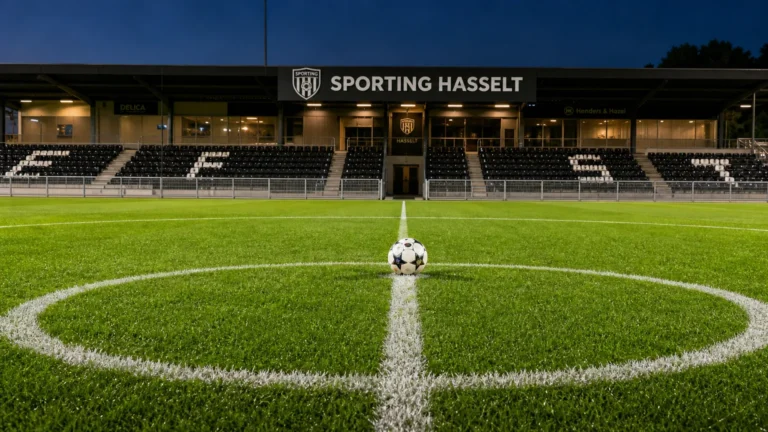 Een wedstrijdbal op de middencirkel van het veld van Sporting Hasselt voor de openingsmatch.