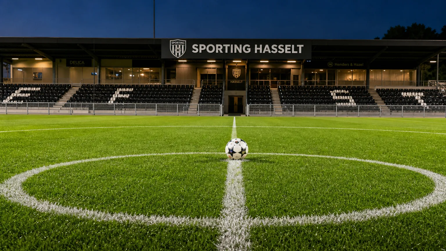 Een wedstrijdbal op de middencirkel van het veld van Sporting Hasselt voor de openingsmatch.