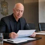 Jeff Bezos bekijkt documenten aan een vergadertafel met een discreet Liverpool-embleem op de wand.