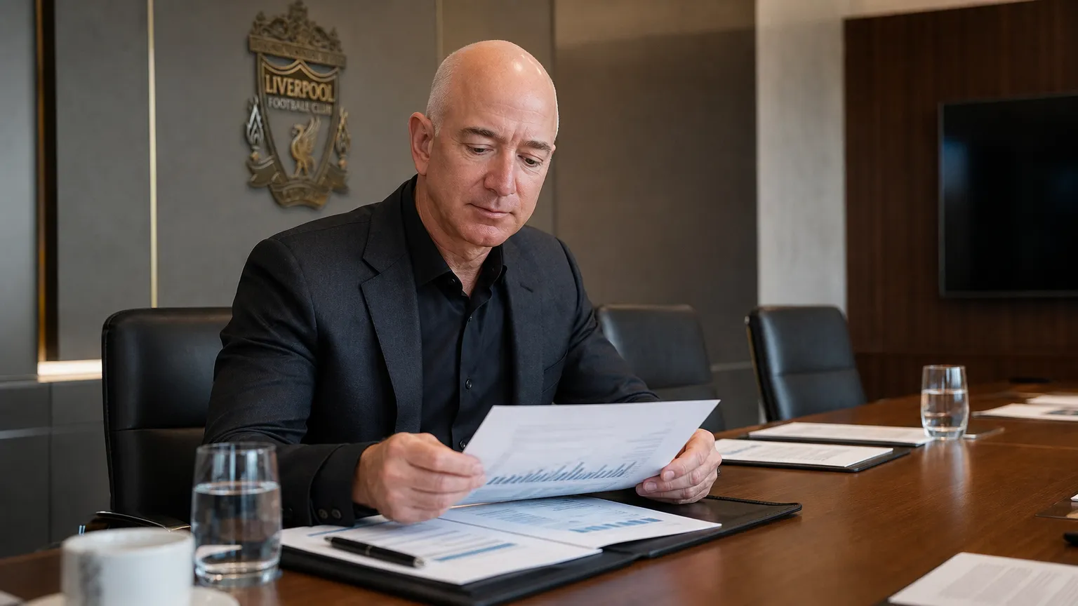 Jeff Bezos bekijkt documenten aan een vergadertafel met een discreet Liverpool-embleem op de wand.