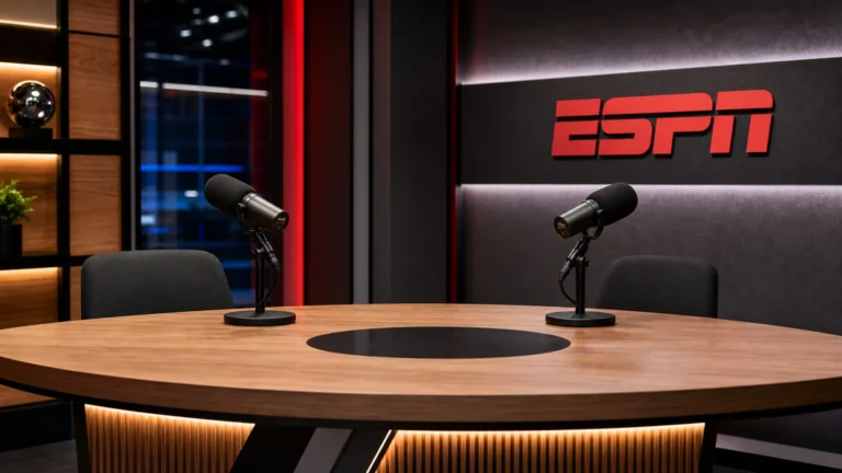 Lege ESPN-opnamestudio met microfoons aan een gesprekstafel.