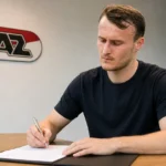 Peer Koopmeiners ondertekent zijn contract bij AZ aan een tafel in een kantoor.
