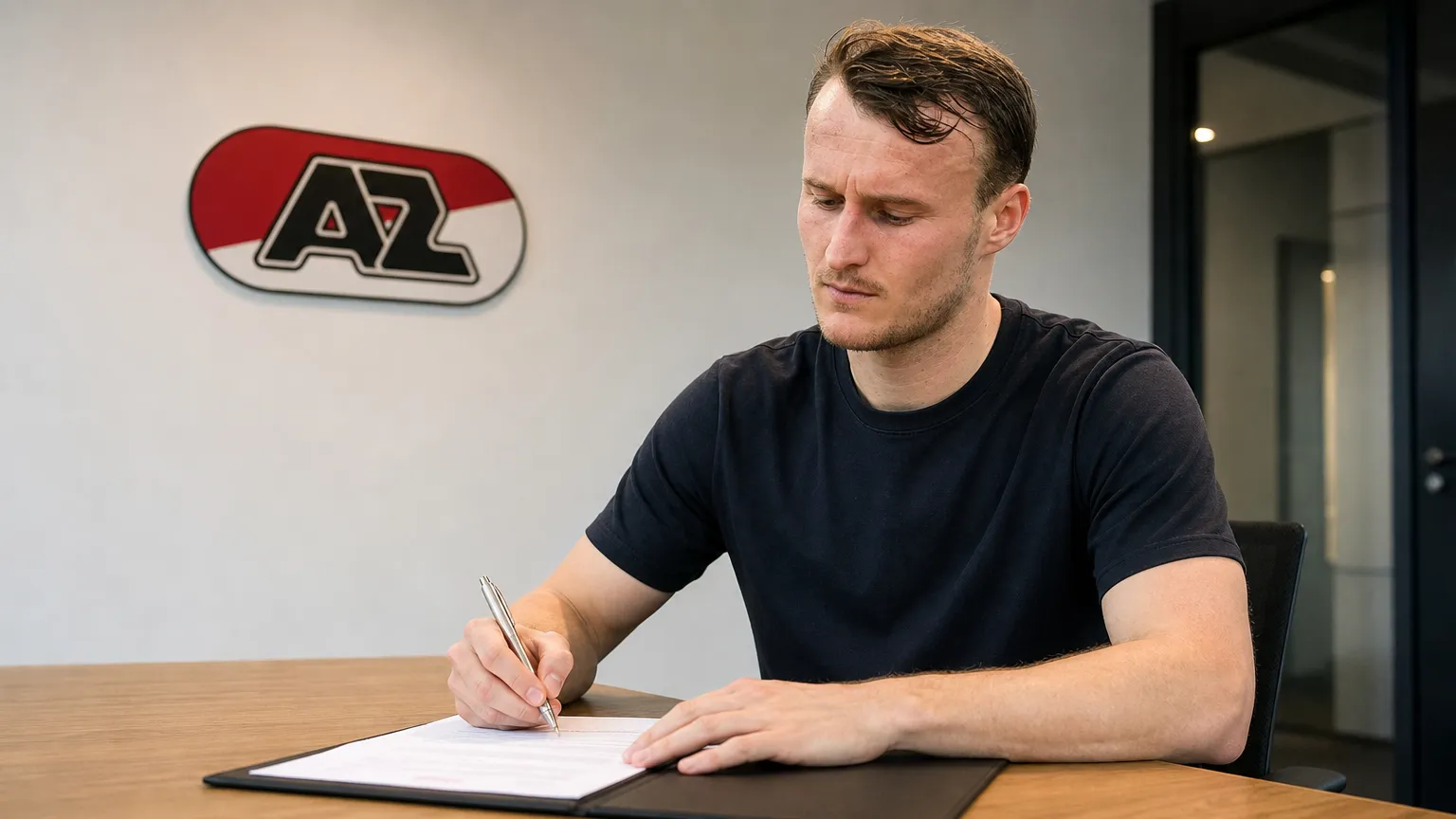 Peer Koopmeiners ondertekent zijn contract bij AZ aan een tafel in een kantoor.