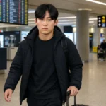 Yang Min-hyeok loopt met zijn reistas door een aankomsthal op een luchthaven.