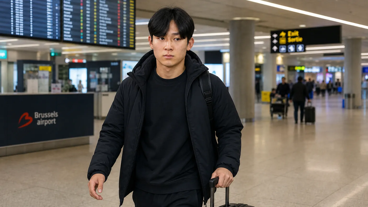 Yang Min-hyeok loopt met zijn reistas door een aankomsthal op een luchthaven.