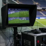 Een actief VAR-beoordelingsstation in de technische zone van een Europees stadion.