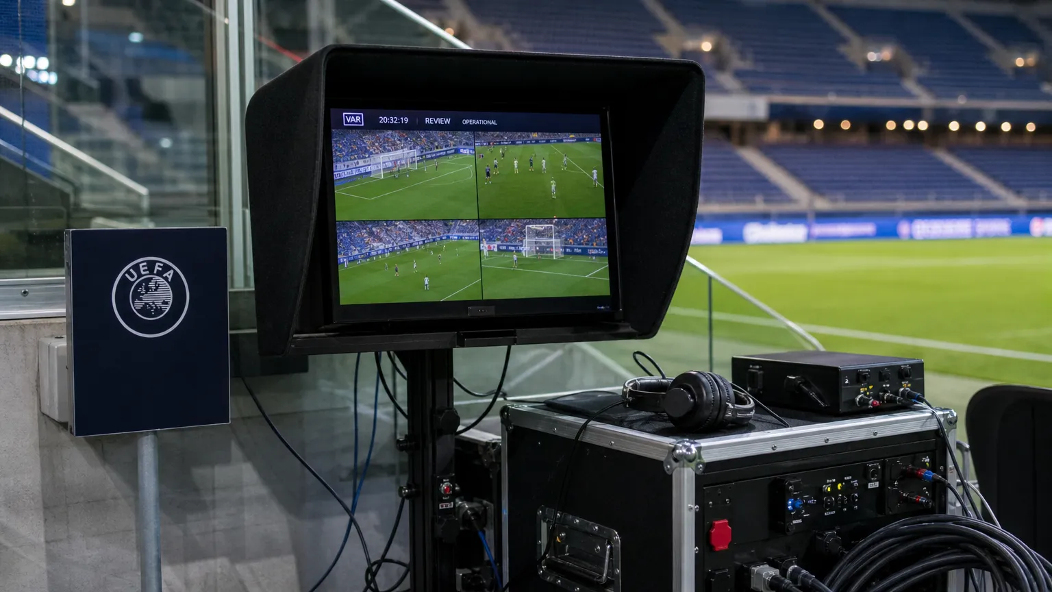 Een actief VAR-beoordelingsstation in de technische zone van een Europees stadion.