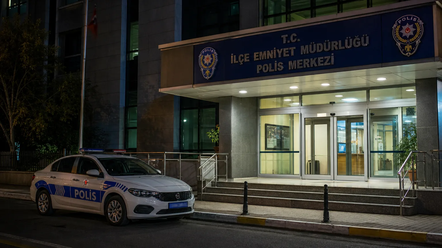De ingang van een politiebureau bij valavond met een geparkeerde politieauto.