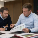 Twee clubmedewerkers bespreken documenten aan een vergadertafel in een kantoor van Zulte Waregem.
