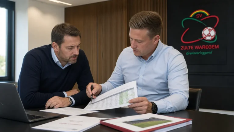 Twee clubmedewerkers bespreken documenten aan een vergadertafel in een kantoor van Zulte Waregem.