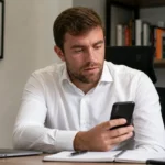 Fabrizio Romano kijkt in een professionele mediawerkruimte naar zijn smartphone.