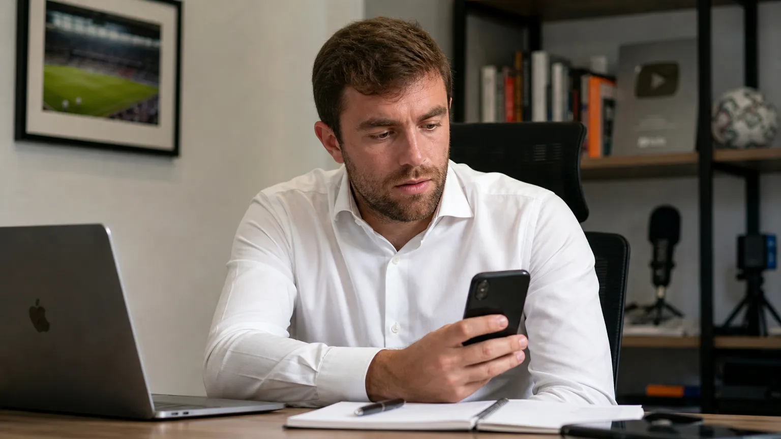 Fabrizio Romano kijkt in een professionele mediawerkruimte naar zijn smartphone.