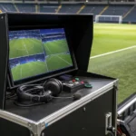 Een VAR-werkplek naast een voetbalveld met een UEFA-aanduiding op het technische paneel.