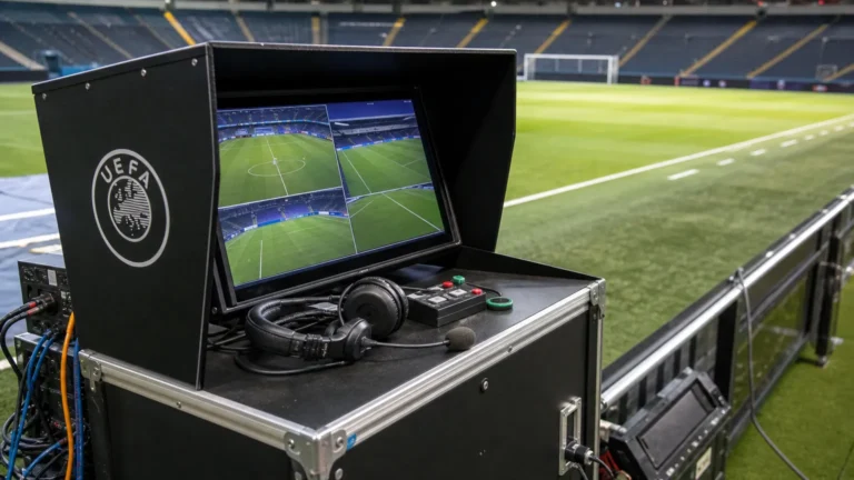 Een VAR-werkplek naast een voetbalveld met een UEFA-aanduiding op het technische paneel.