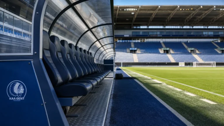 De lege technische zone van KAA Gent in een voetbalstadion voor een Europese wedstrijd.