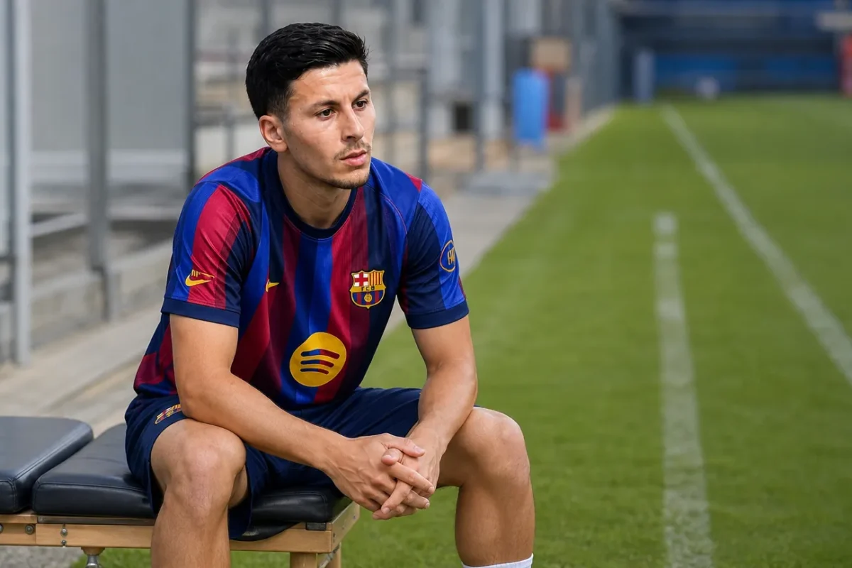 Roony Bardghji zit aan de rand van een trainingsveld in een Barcelona-shirt.