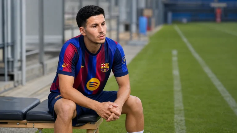 Roony Bardghji zit aan de rand van een trainingsveld in een Barcelona-shirt.