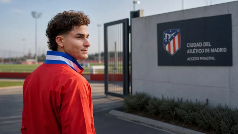 Julián Álvarez in een rood trainingsjack op het trainingscomplex van Atlético Madrid.