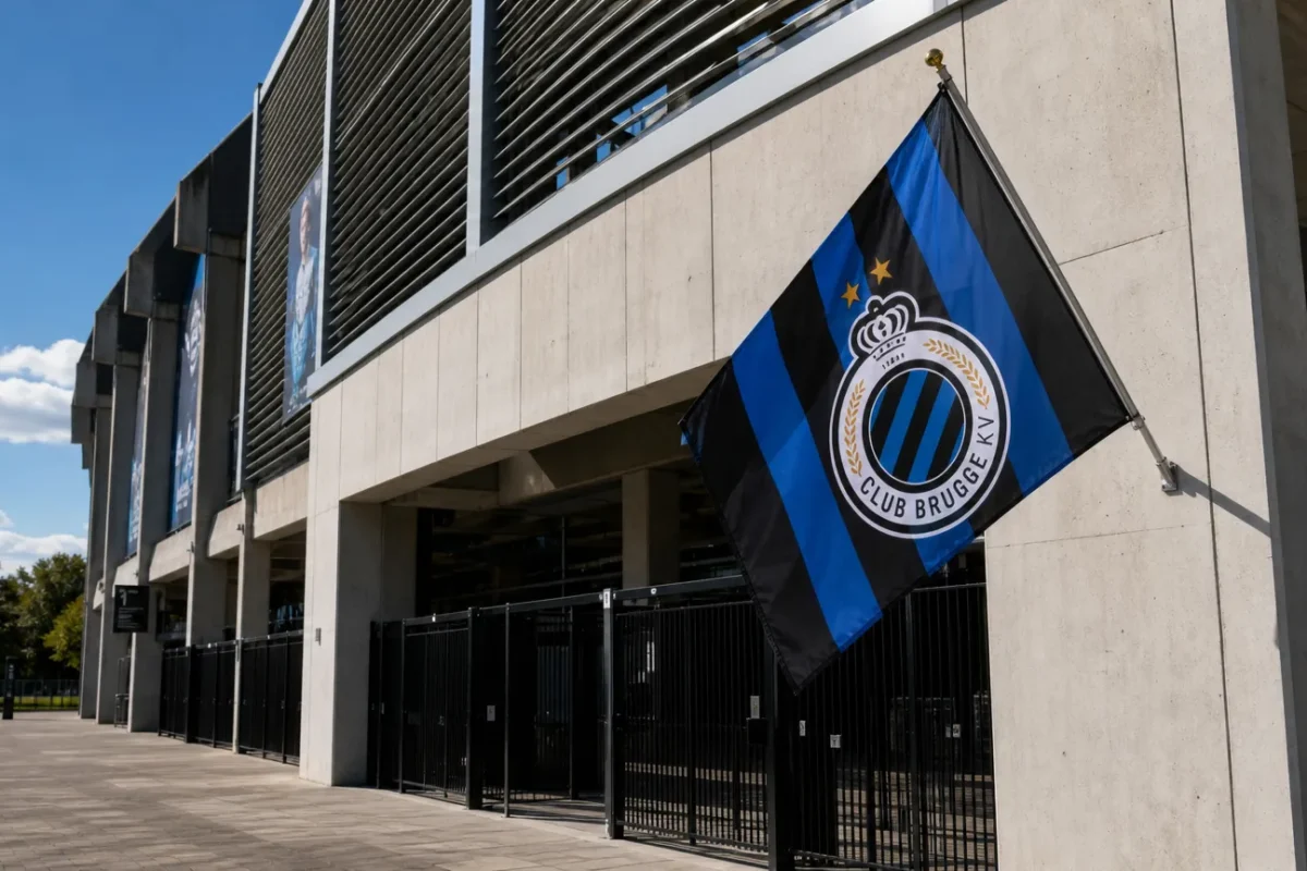 De ingang van het stadion van Club Brugge met een blauw-zwarte clubvlag.