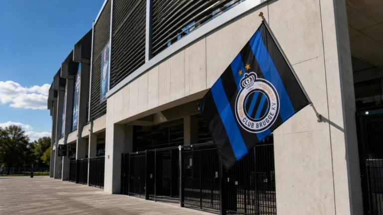 De ingang van het stadion van Club Brugge met een blauw-zwarte clubvlag.