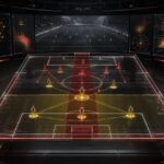 Holografisch voetbalveld met een vrije verdediger centraal in een compacte 3+2-restverdediging.