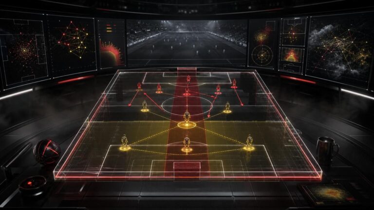 Holografisch voetbalveld met een vrije verdediger centraal in een compacte 3+2-restverdediging.