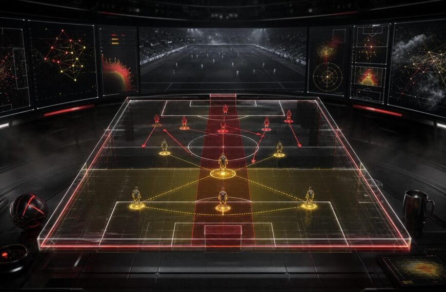 Holografisch voetbalveld met een vrije verdediger centraal in een compacte 3+2-restverdediging.