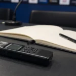 Audiorecorder en notitieboek op een tafel in een neutrale persruimte.