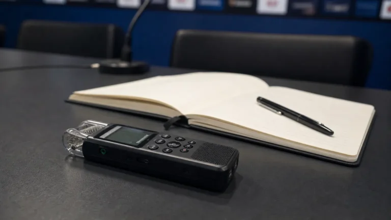 Audiorecorder en notitieboek op een tafel in een neutrale persruimte.
