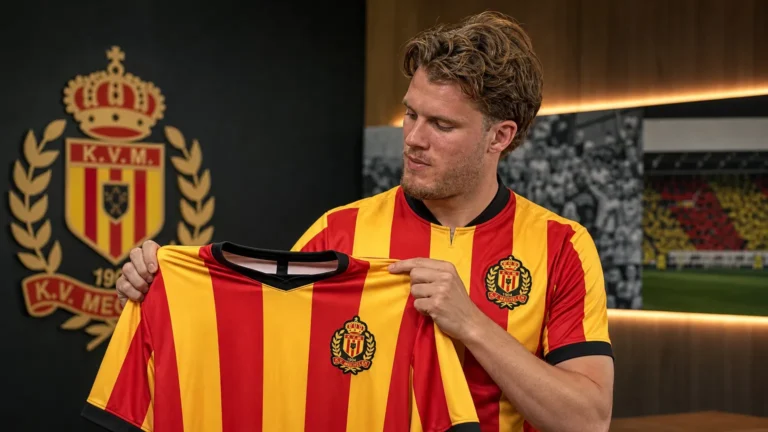 Leo Hjelde poseert met het shirt van KV Mechelen tijdens zijn officiële voorstelling.