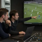 Twee medewerkers bekijken wedstrijdbeelden in een analysezaal van Club Brugge.