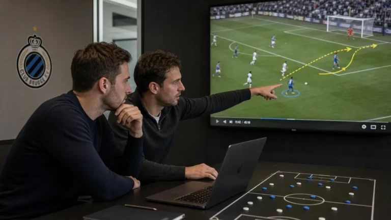 Twee medewerkers bekijken wedstrijdbeelden in een analysezaal van Club Brugge.